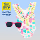 RuffleButts Baby Ice Cream One Piece with Roshambo Pink Glitter Sunglasses - HoneyBug 