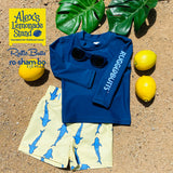 RuggedButts Baby Jawsome Swim Trunks & Rash Guard with Roshambo Navy Sunglasses - HoneyBug 