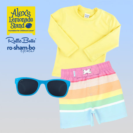 RuggedButts Boys Rainbow Stripe Swim Trunks & Rash Guard with Roshambo Blue Sunglasses - HoneyBug 