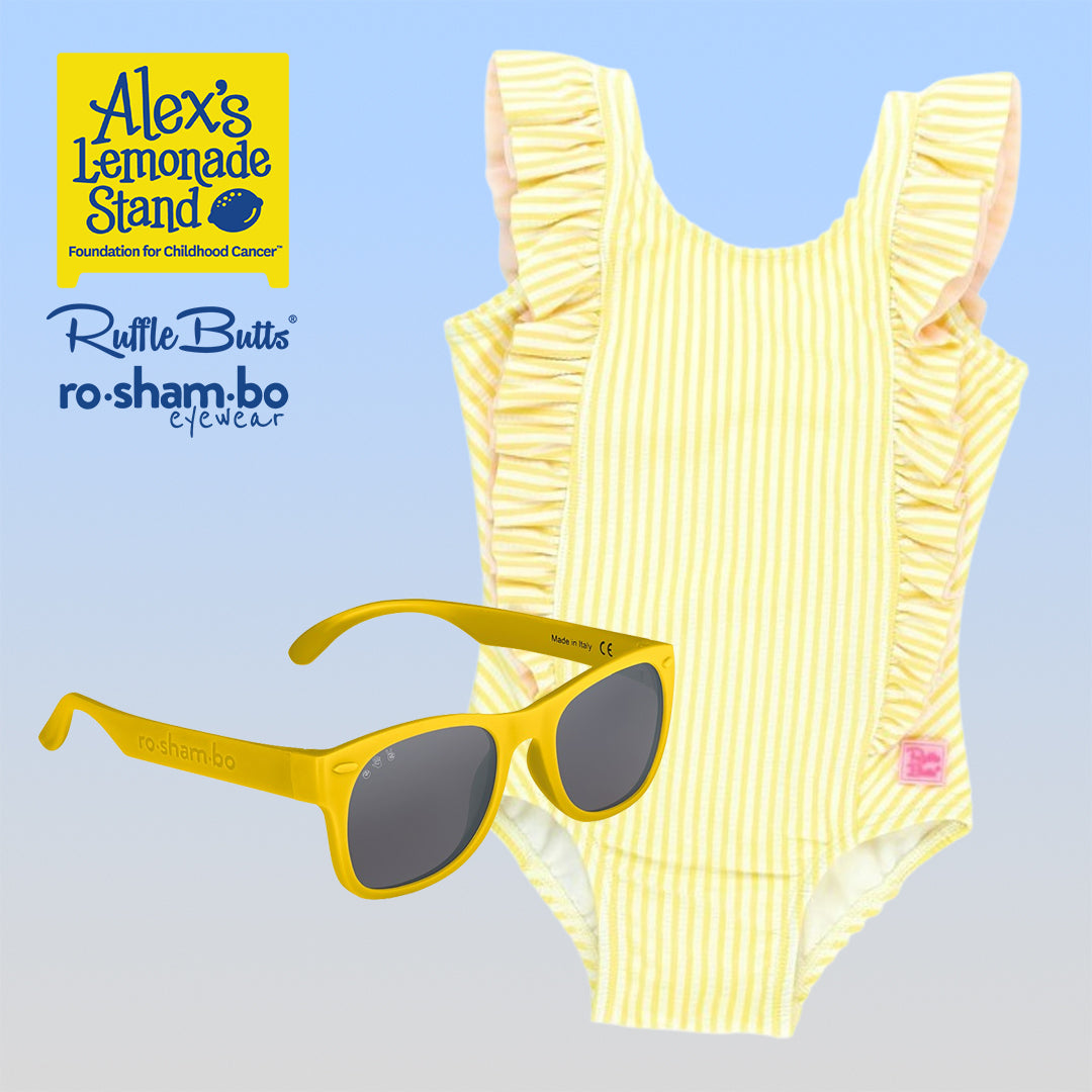 RuffleButts Girls Seersucker One Piece with Roshambo Yellow Sunglasses - HoneyBug 