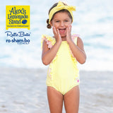 RuffleButts Girls Seersucker One Piece with Roshambo Yellow Sunglasses - HoneyBug 