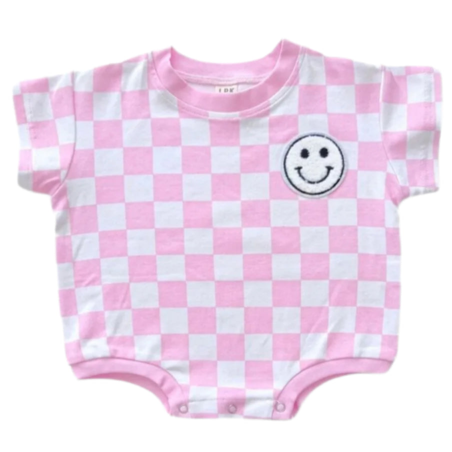 Short Sleeve Bubble Romper | Checkered Smiley Pink - HoneyBug 