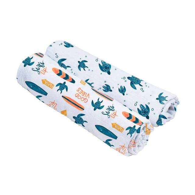 Muslin Swaddle Blanket Set Oh So Soft Surf + Sea Turtles - HoneyBug 