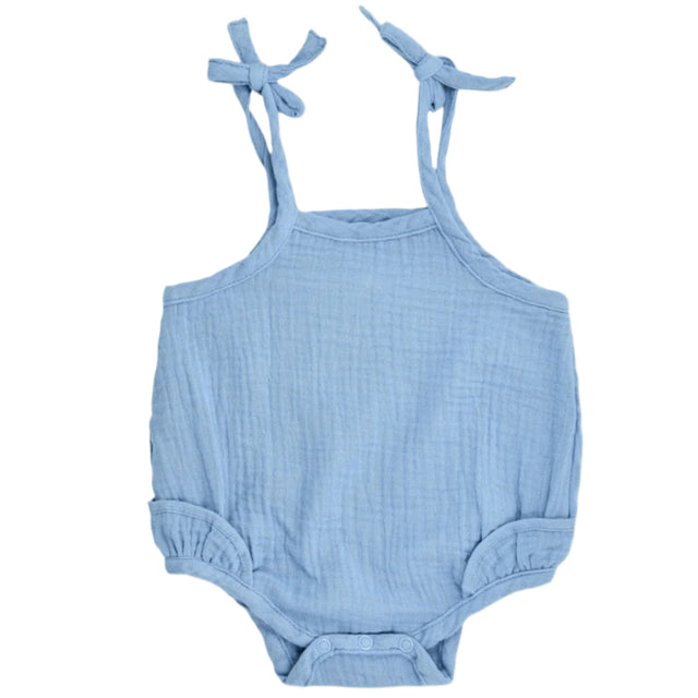 Muslin Ruffle Romper With Ties - Blue - HoneyBug 