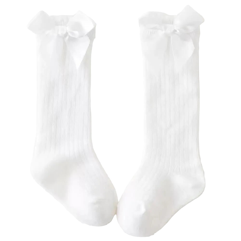 White Cotton/Poly Lace Knee High Socks with Bow