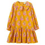 Girls' Wide Collar Long Sleeve Dress with Low Waist | Mustard and Pink - HoneyBug 