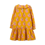 Girls' Wide Collar Long Sleeve Dress with Low Waist | Mustard and Pink - HoneyBug 