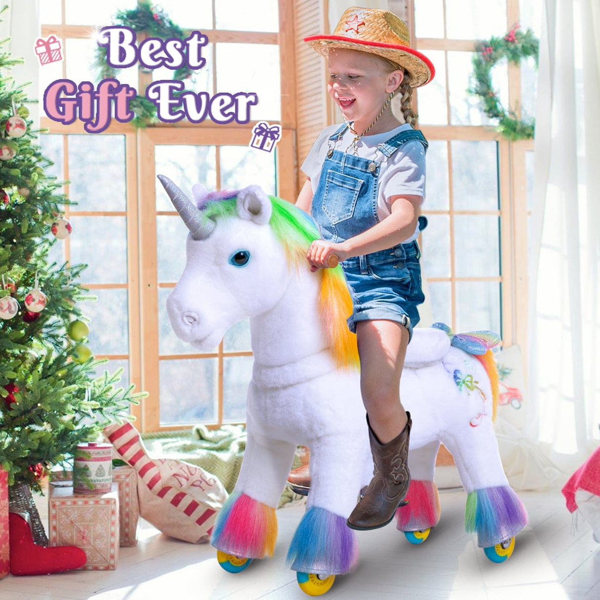 Unicorn Ride On Toy for Age 3-5 Rainbow Model X - HoneyBug 