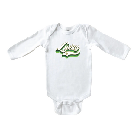 Lucky Script | Long-Sleeve Baby Onesie - White - HoneyBug 