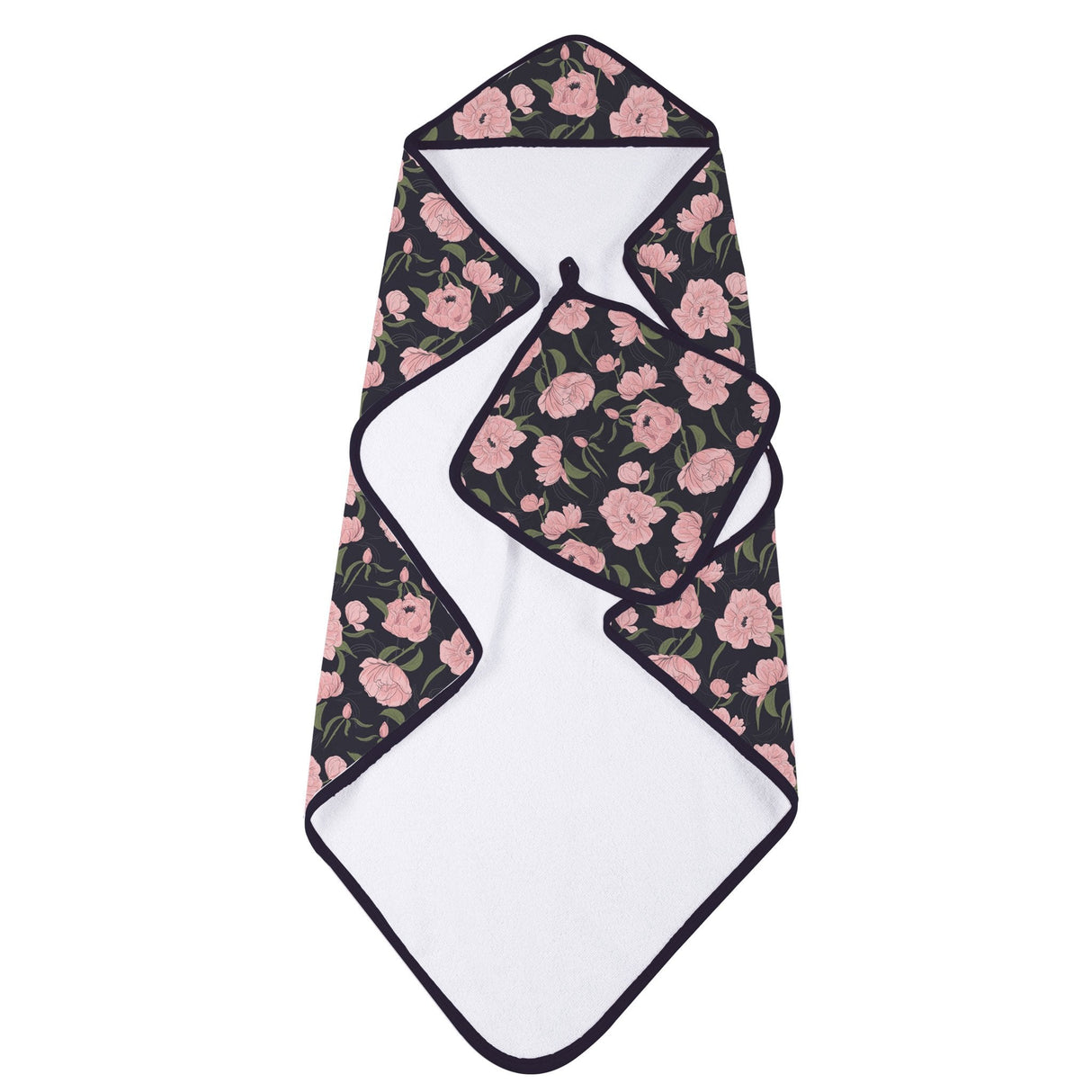 Peonies Hooded Towel and Washcloth Set - HoneyBug 